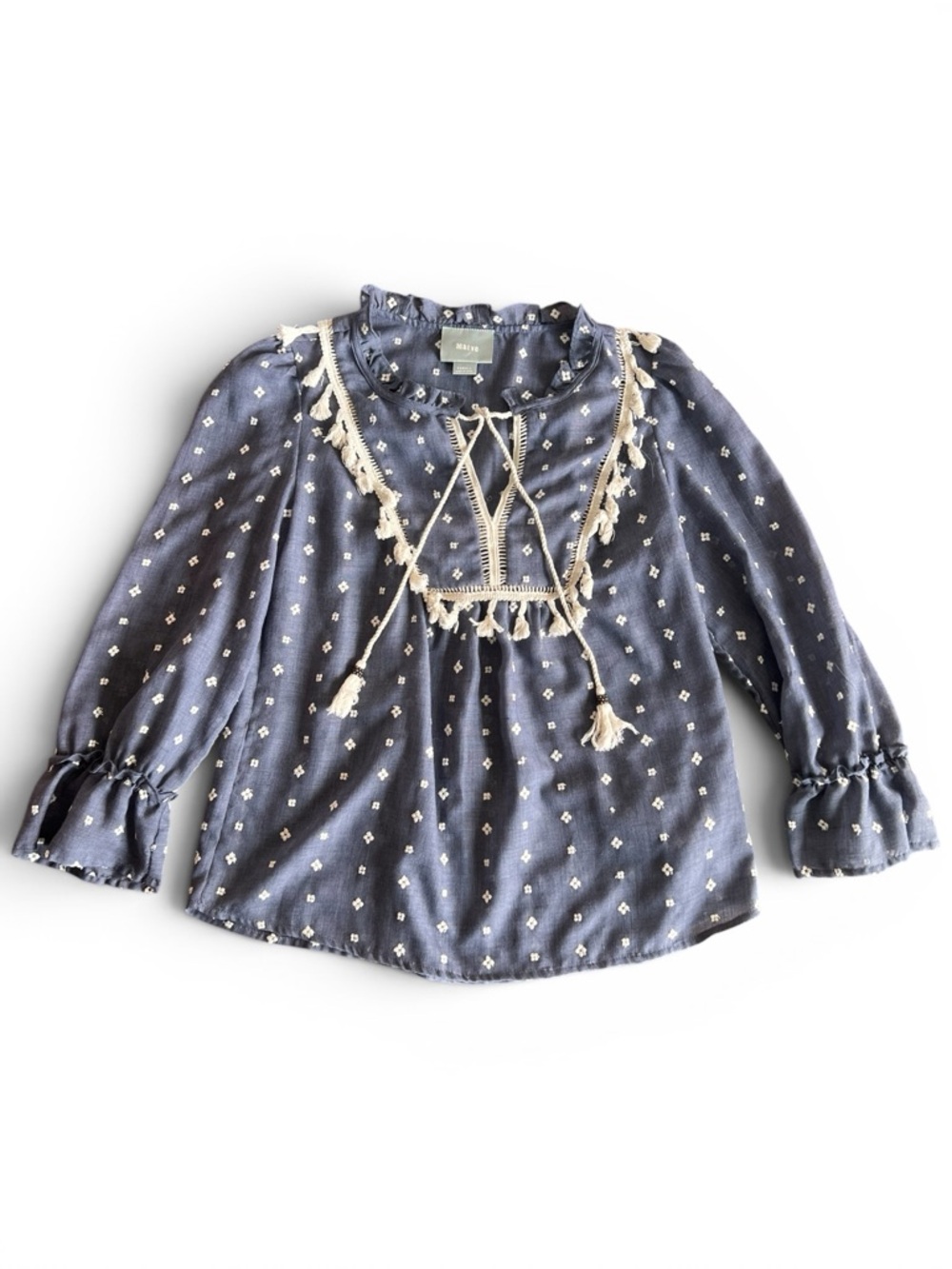 Maeve Anthropologie Boho Blouse XS Blue Embroidered Tassel Tie Top Small Flaw